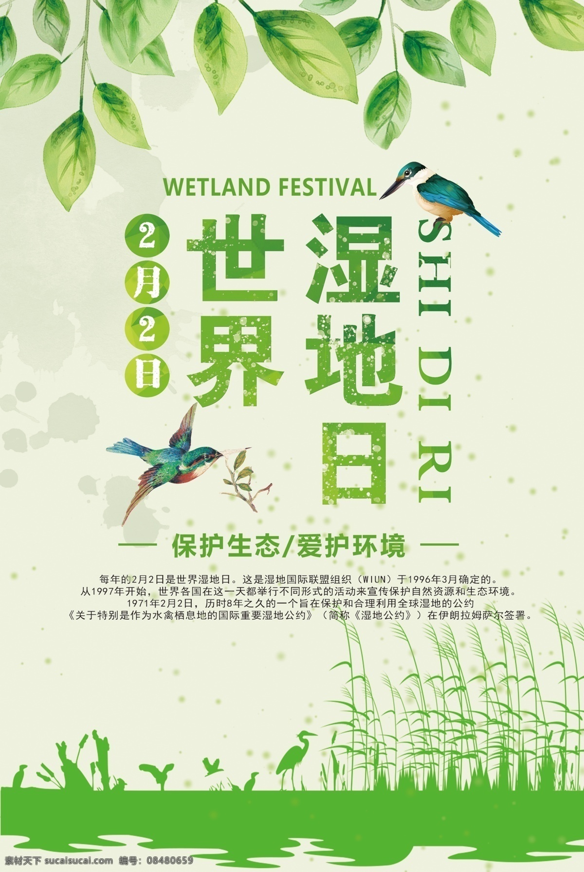 2018 年 世界 湿地 日 鸟 公益广告 环境保护 国际爱鸟日 世界爱鸟日 爱鸟节 爱鸟日海报 爱鸟报 动物保护日 湿地保护 湿地公园 十三五规划 生态保护湿地 生态文明 绿色家园 地球日 保护动物
