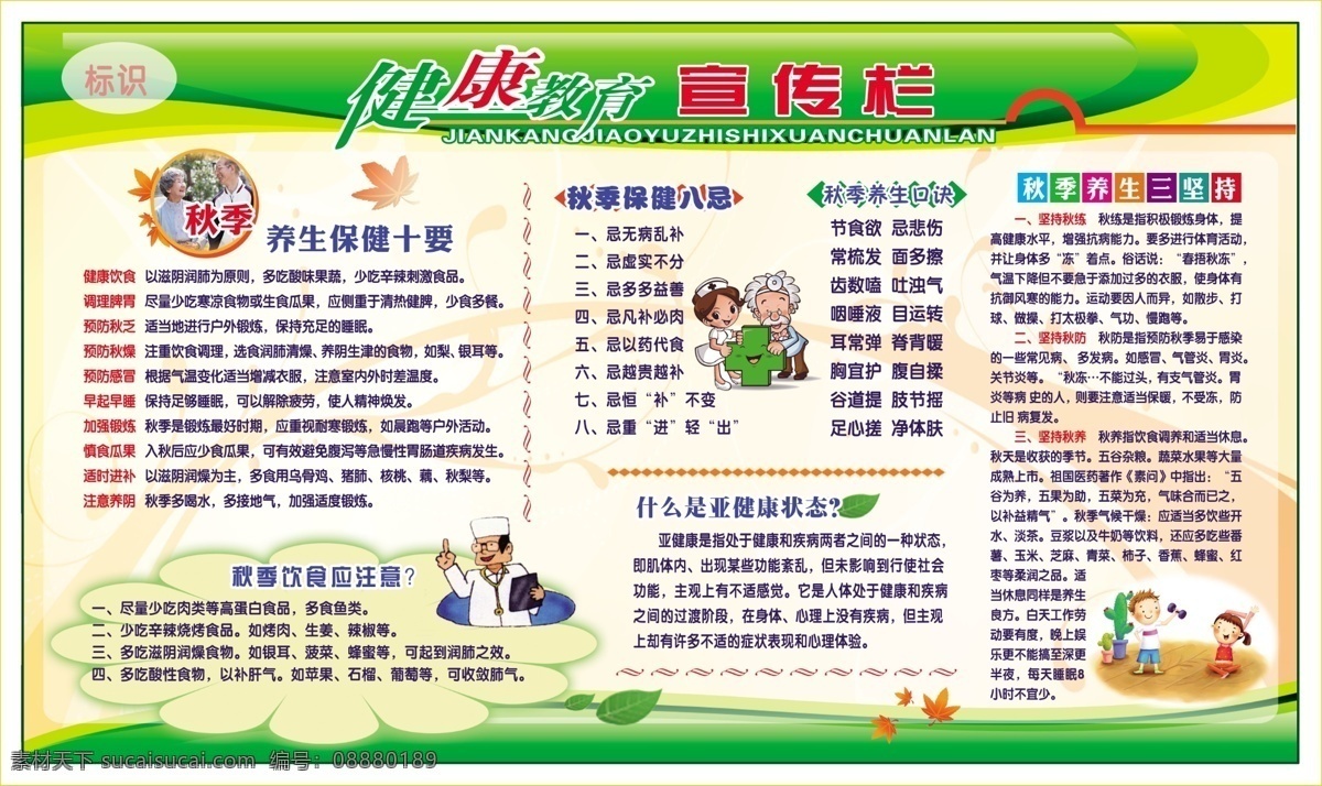 健康教育 宣传栏 秋季养生 养生保健 绿色底图 秋季饮食 亚健康状态 生活百科 医疗保健