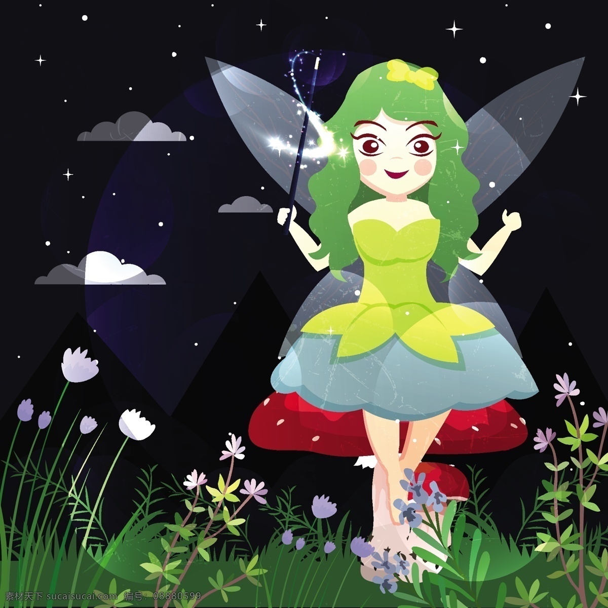 草地 美女 天使 矢量 花 花朵 绿色 矢量素材 夜晚 云