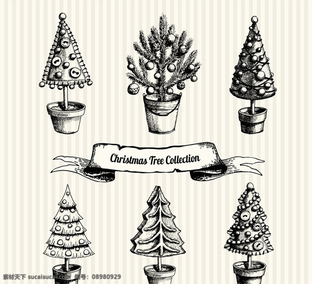 手绘 圣诞树 盆栽 纽扣 条纹 丝带 条幅 圣诞节 矢量 高清图片