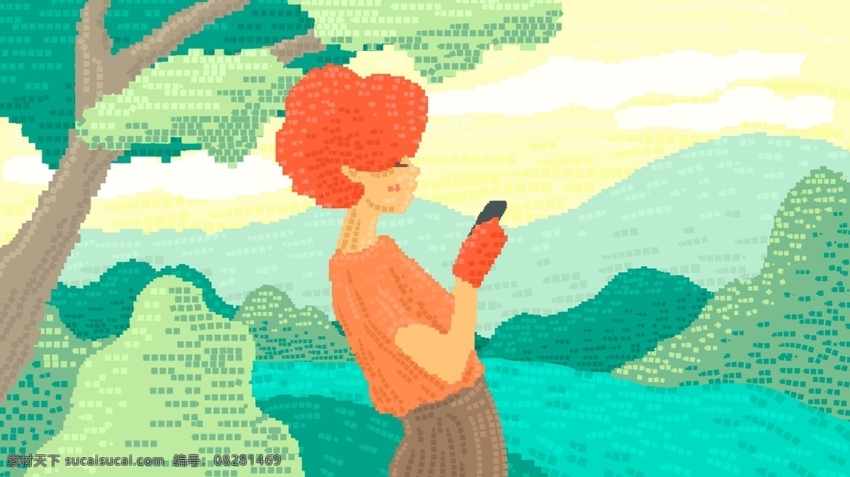 80s 复古 素风 郊外 玩 手机 女人 女孩 小清新 大自然 绿色 橙色 80s复古 像素风 玩手机 河流 树