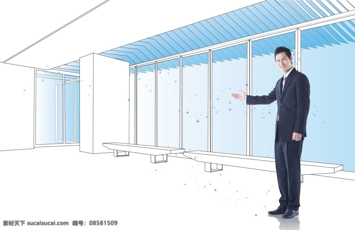 蓝色 展厅 前 商务 男士 psd素材 商务男士 商务人物 线稿建筑 psd源文件