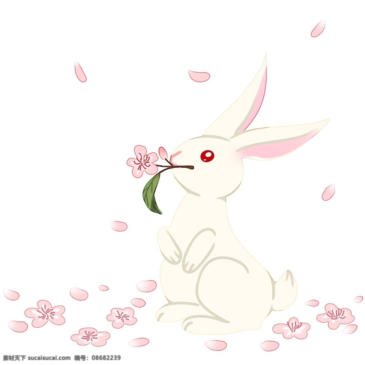 白色 的卡 通 兔子 插画 白色的小兔子 动物 植物插画 粉色樱花 卡通樱花插画 樱花 花朵 浪漫樱花插画