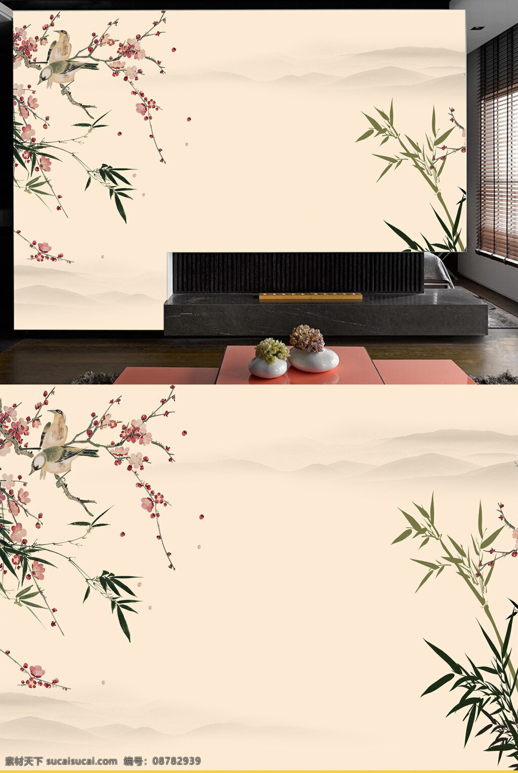 中国 传统 大气 桃花 翠竹 客厅 背景 墙 背景墙 简约 宁静 装饰画