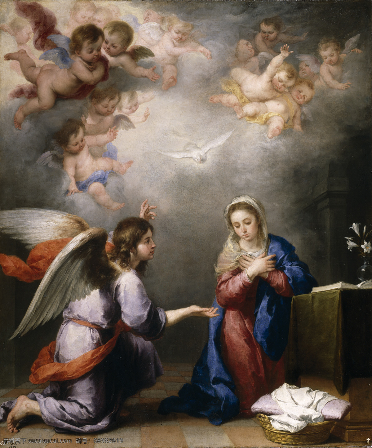 报喜 古典油画 怀孕 绘画书法 天使 文化艺术 油画 告诉 圣母玛丽娅 顺应 上天 感召 装饰素材