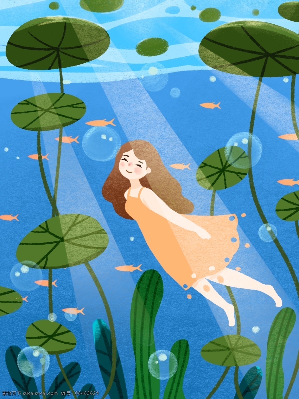 手绘 蓝色 河水 夏至 清新 背景 少女 鱼 荷叶 湖水