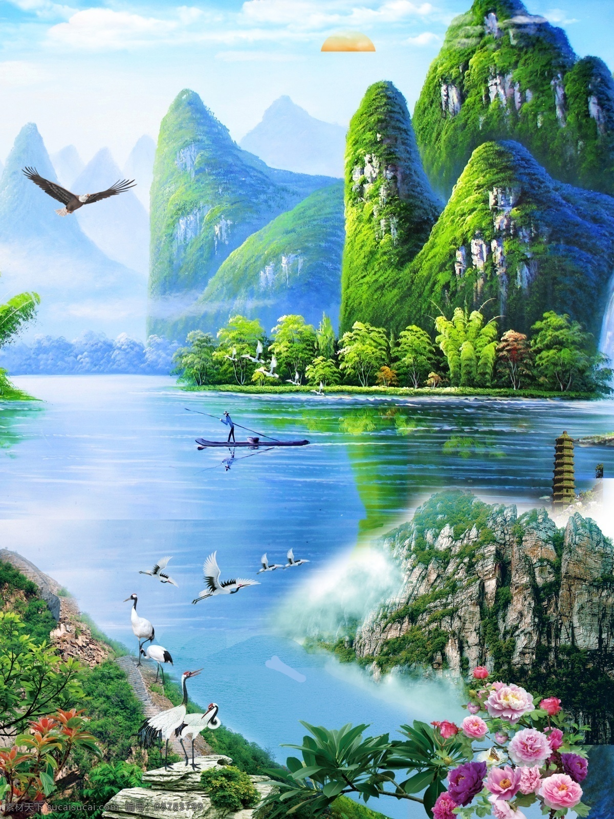 风景 风景山水 桂林山水 白鹤素材 自然风景 风景如画 人文景观 风景园林壁画 分层