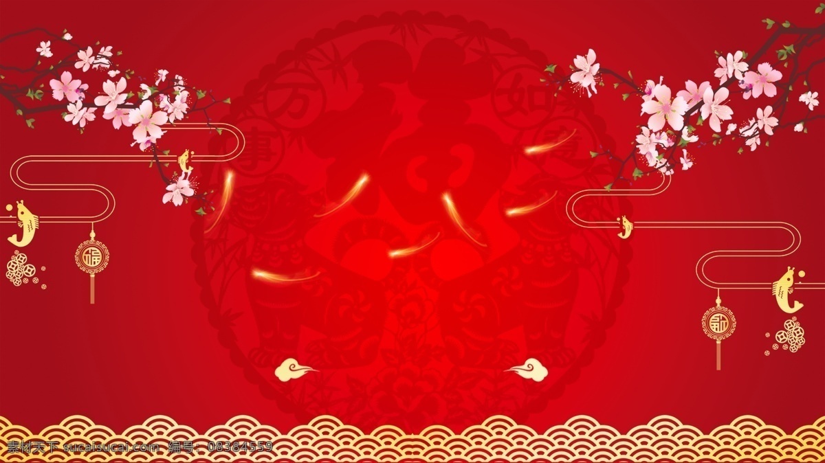中国 风 喜庆 梅花 广告 背景 中国风 花瓣 飘带 红色背景 祥云 广告背景 手绘