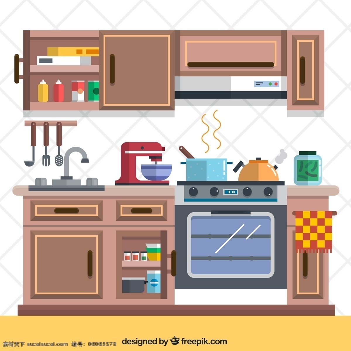 温馨 厨房 厨具 勺子 油烟机 炉灶 烤箱 橱柜 矢量 高清图片