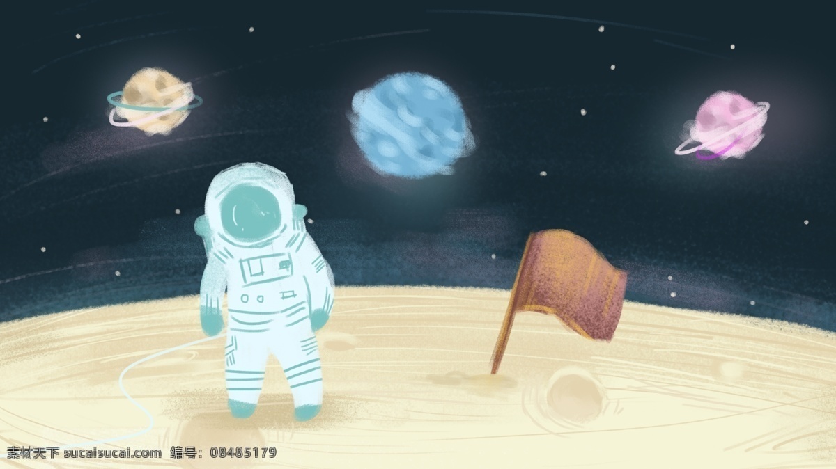 人类 月球 日 太空 宇航员 手绘 插画 海报 背景 壁纸 宇宙 页面 h5