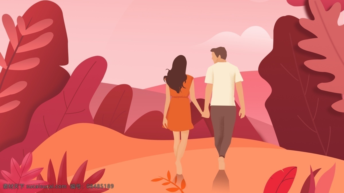 漫步 森林 男女 情侣 恋爱 插画 手绘 治愈系