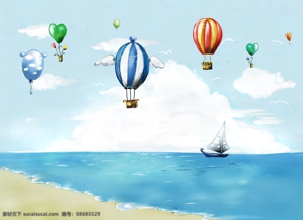 清新背景 蓝天白云 空气球 氢气球 彩色气球 可爱漫画背景 海边 帆船 海景 沙滩