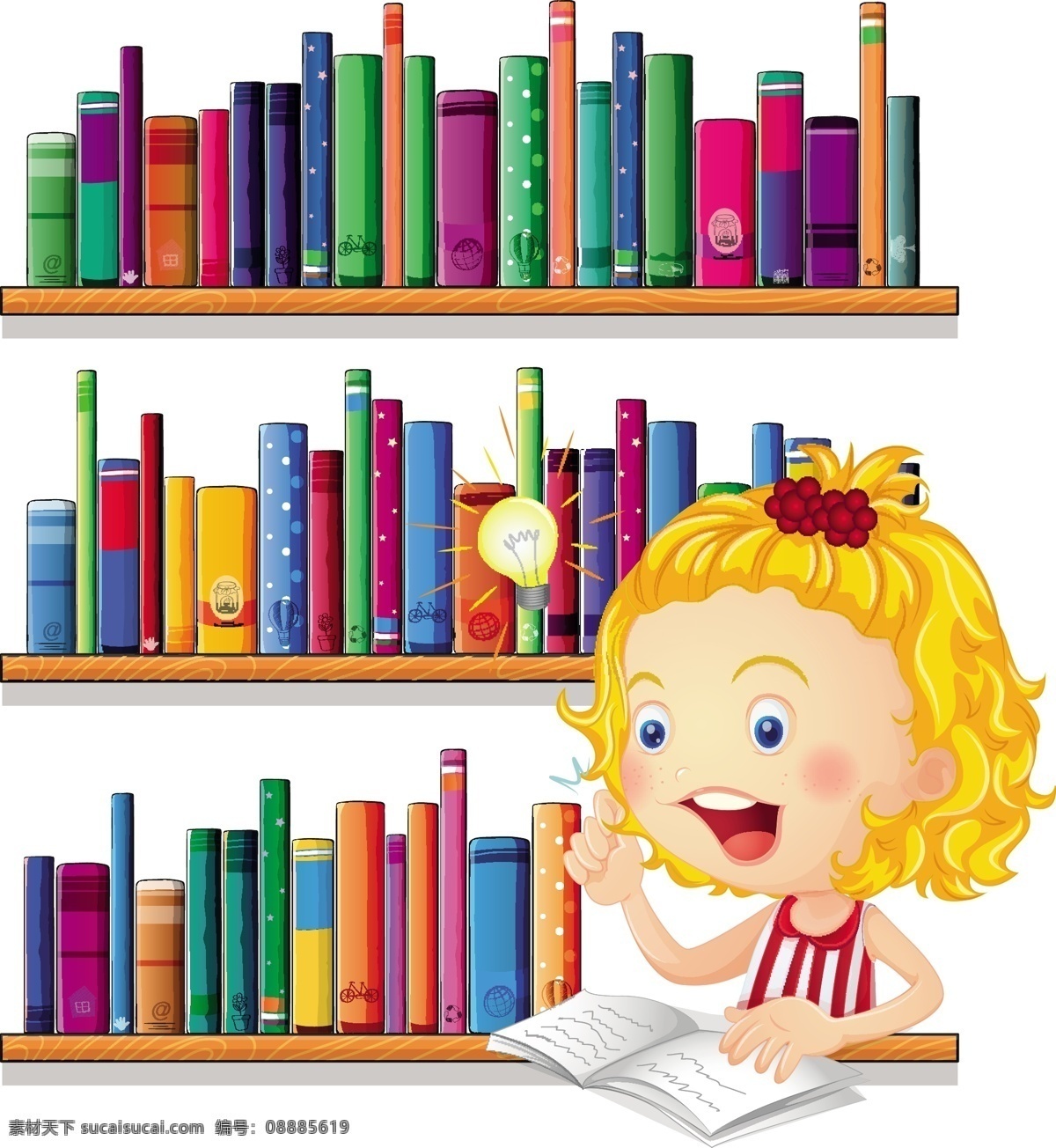 小女孩 学习 看书的小孩 聪明的小女孩 聪明 看书 电灯 书架 书籍 金发女孩 可爱 认真 好素材齐分享 动漫动画 动漫人物