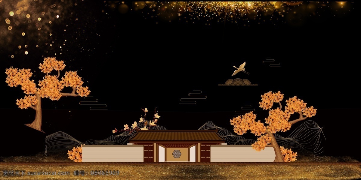 优雅 古风 中国 风 水墨 房地产 背景 banner 建筑 蓝色 城市剪影 城市海报背景 展板