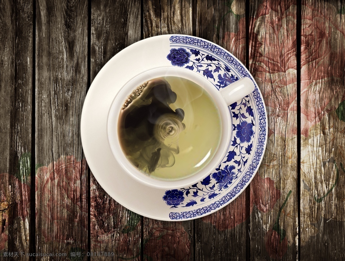 中西合璧 分层 背景 茶 茶杯 画 咖啡 咖啡杯 牡丹 青花瓷 木板 中国 西方 源文件 psd源文件