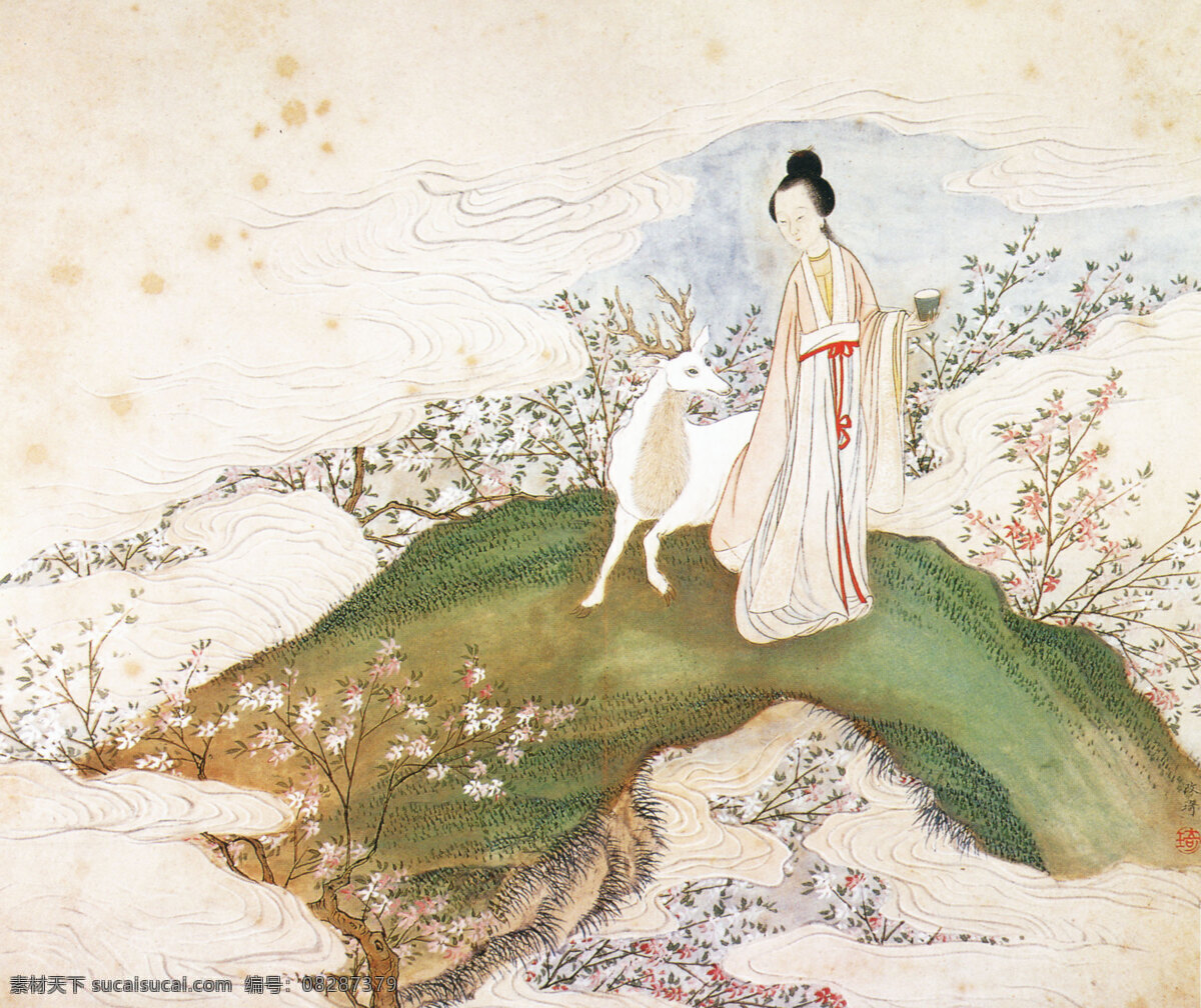 美女 小羊 工笔 国画 花鸟 名画 水墨 写意 中国画 美女小羊 中华传世国画 装饰素材 室内装饰用图