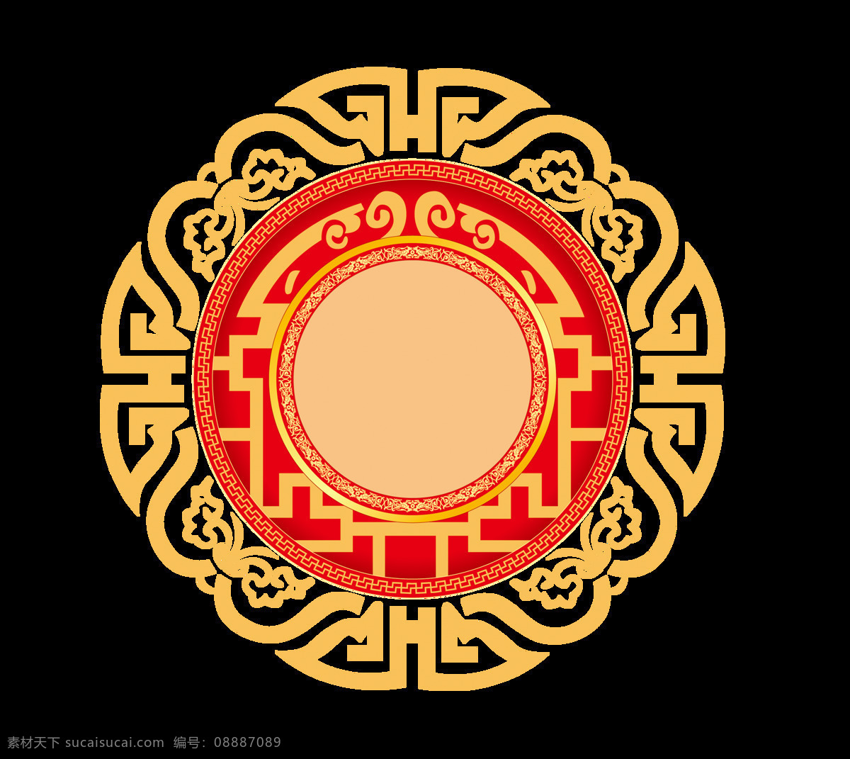 中国 风 古典 圆形 边框 年货 节 透明 传统 红色 花纹 黄色 免扣素材 透明素材 装饰图片