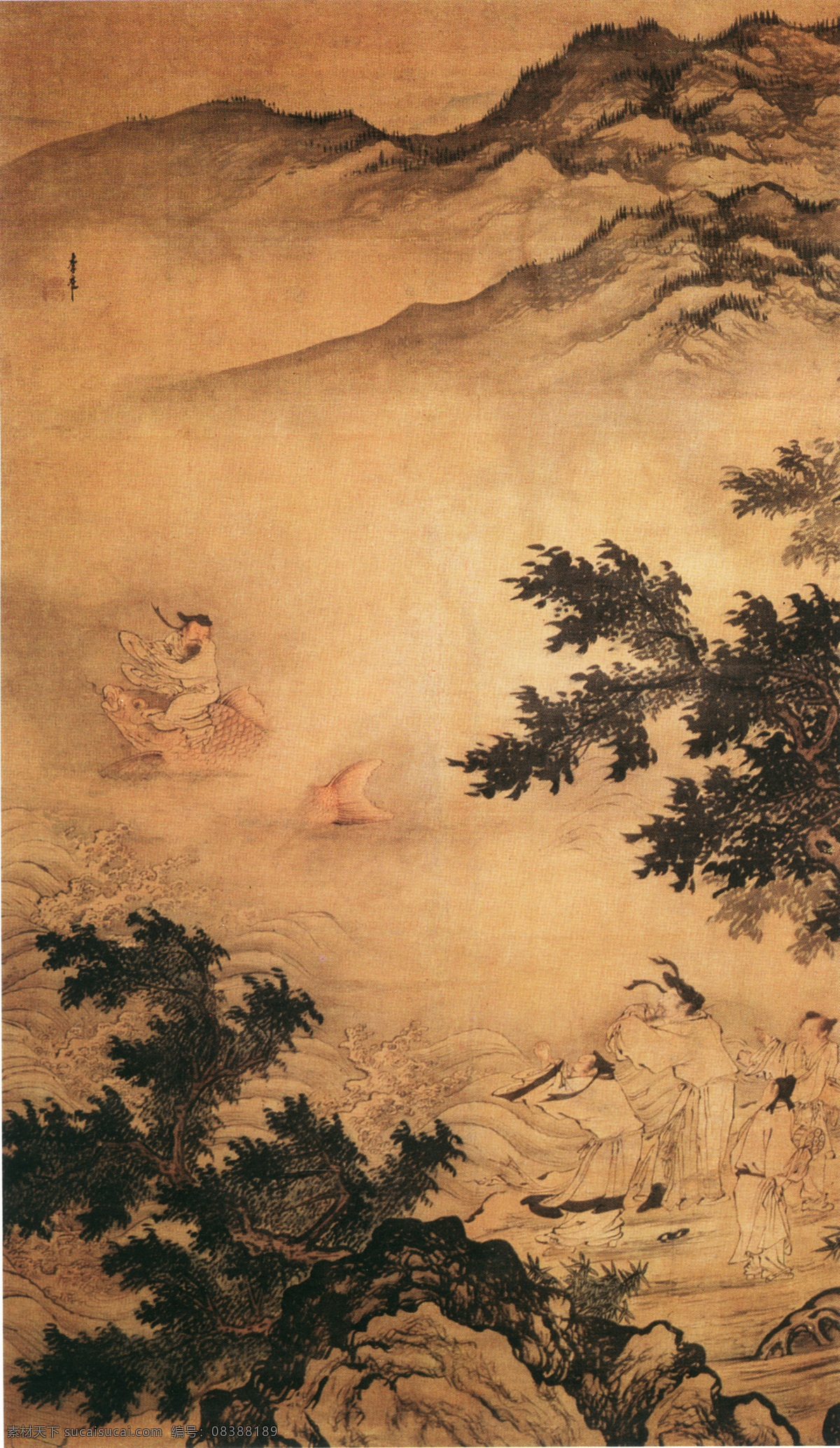 琴高乘鲤图 李在 设计素材 人物名画 古典藏画 书画美术 棕色