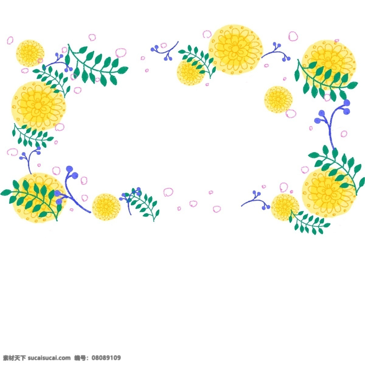 手绘 菊花 边框 插画 黄色 花朵边框 绿色叶子 菊花边框 黄色花朵 边框插图 叶子插画