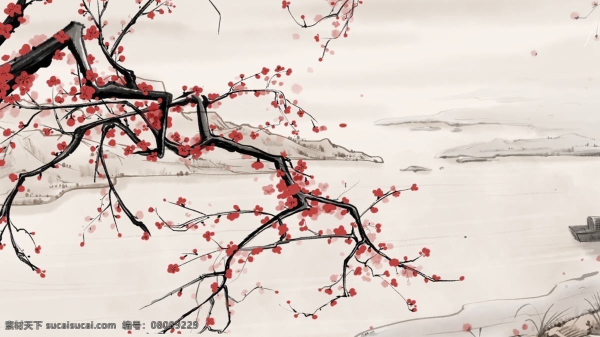 中国 风 水墨 风景 江边 梅花 插画 山水 壁纸 装饰画 中国风 腊梅 风光 红梅
