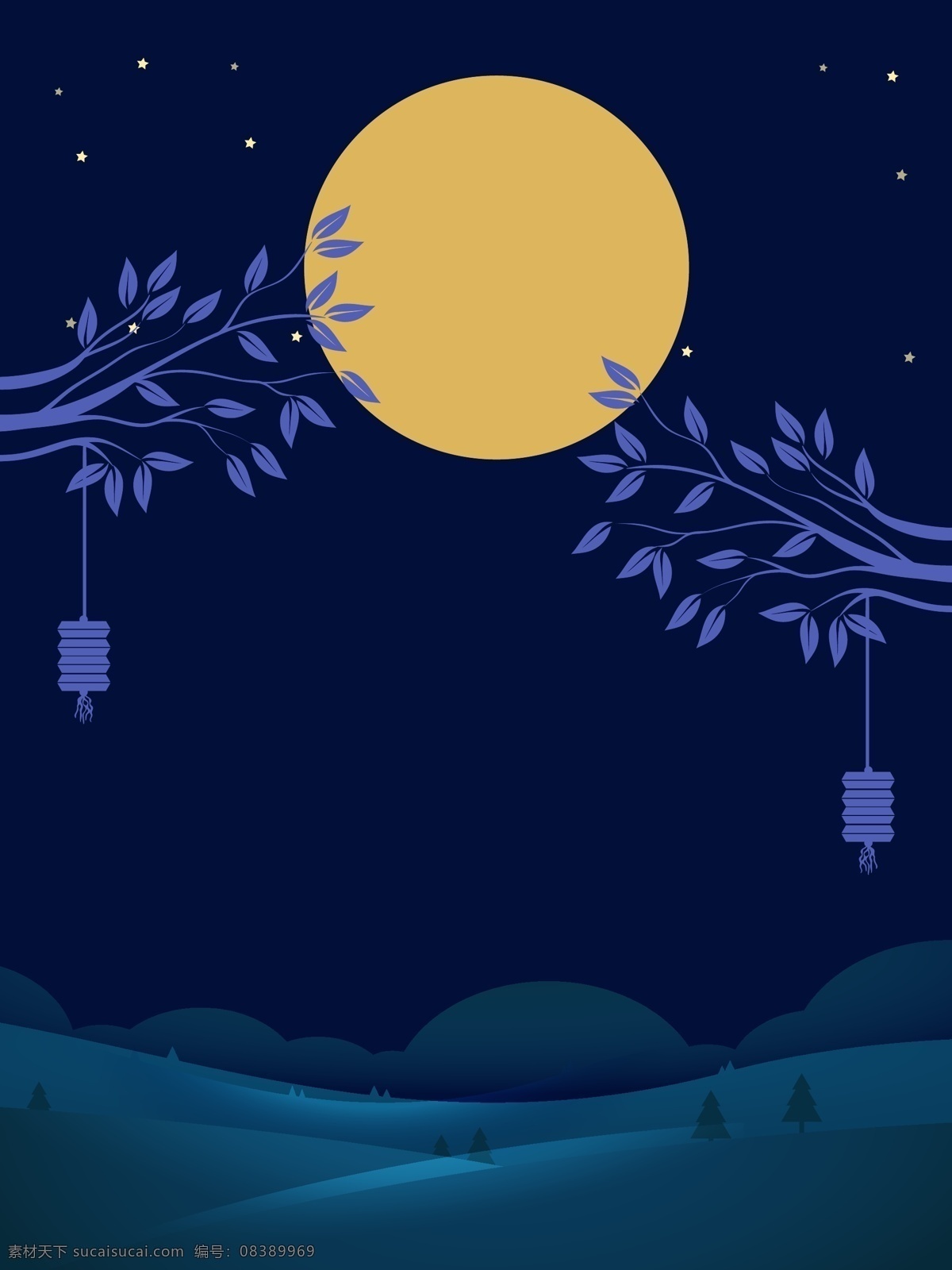 h5 中秋节 夜晚 背景 中秋 剪纸 灯笼 荷花 团圆 远山 平面 树 月亮