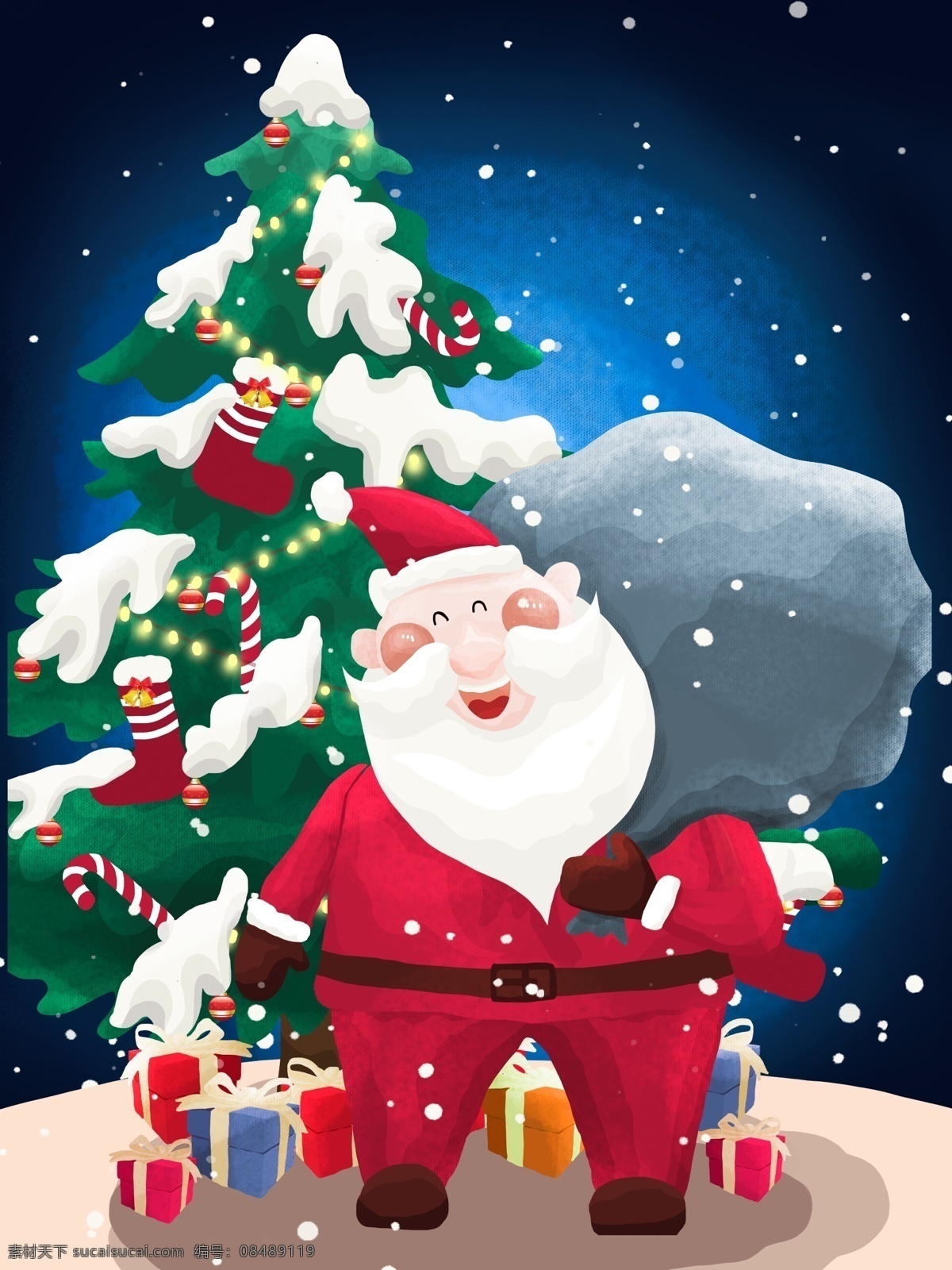 圣诞节 圣诞树 圣诞老人 派 礼物 礼物盒 贺卡 派礼物 下雪天 白胡子 包裹 红衣服 袜子 小串灯