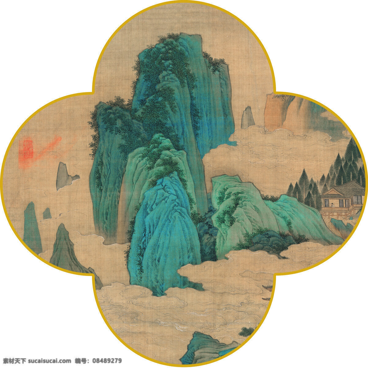 新中式 梅花画框 山水画 梅花型 山水中式画 不锈钢框 国画 3d设计 3d作品