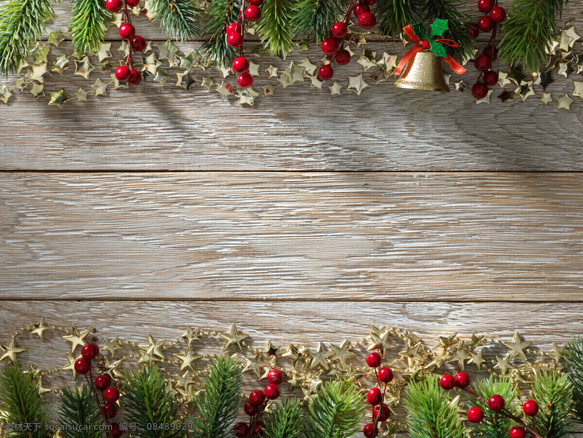 木板 上 松枝 铃铛 圣诞果 节日庆典 生活百科