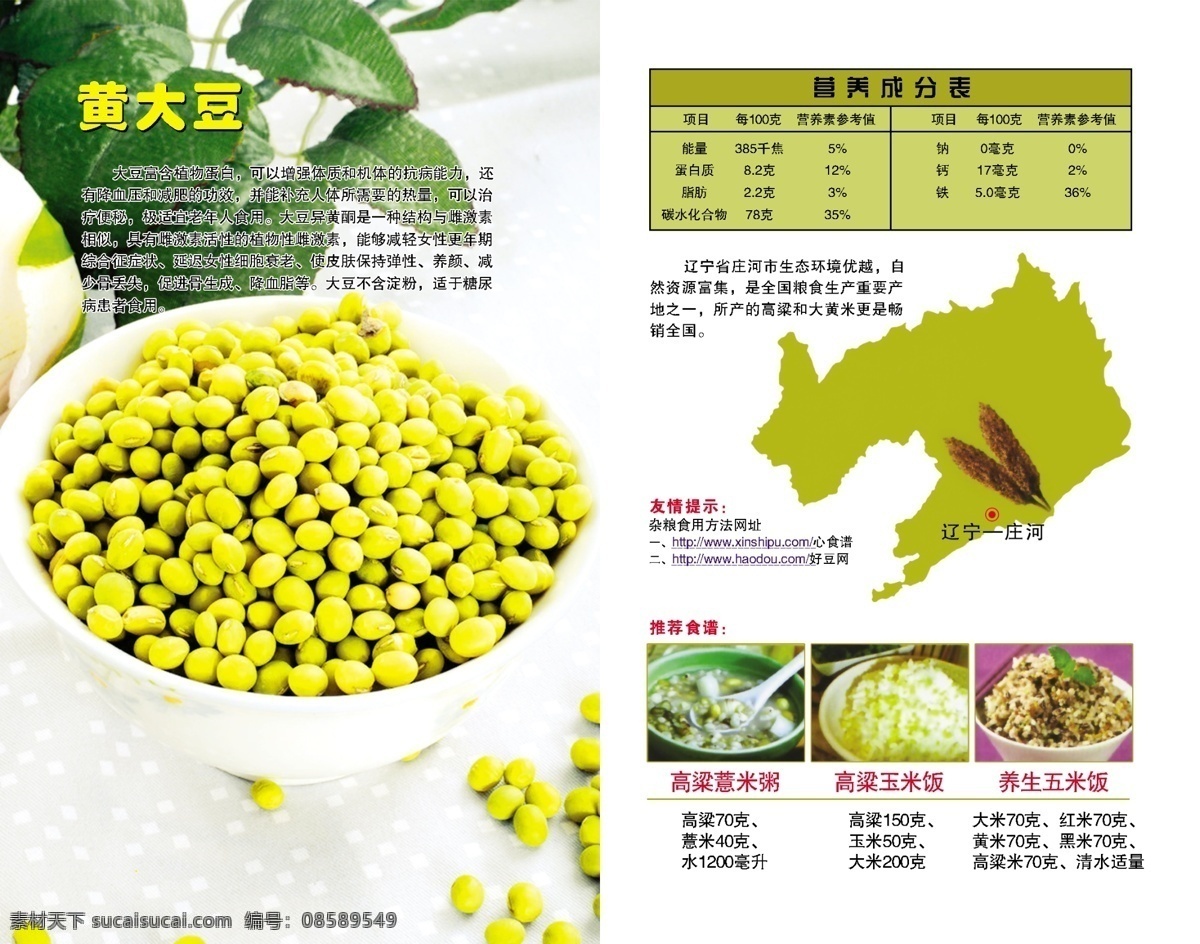 五谷杂粮 宣传册 内页 黄大豆 营养成分表 高粱薏米粥 高粱玉米饭 养生五米饭 画册设计 广告设计模板 源文件
