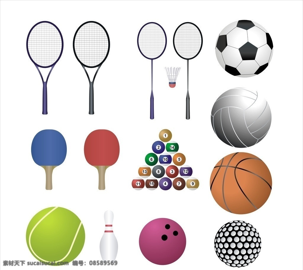 体育用品 网球拍 网球 羽毛球拍 羽毛球 足球 篮球 兵乓球 兵乓球拍 桌球 台球 保龄球 高尔夫球 矢量图形 体育运动 文化艺术 矢量