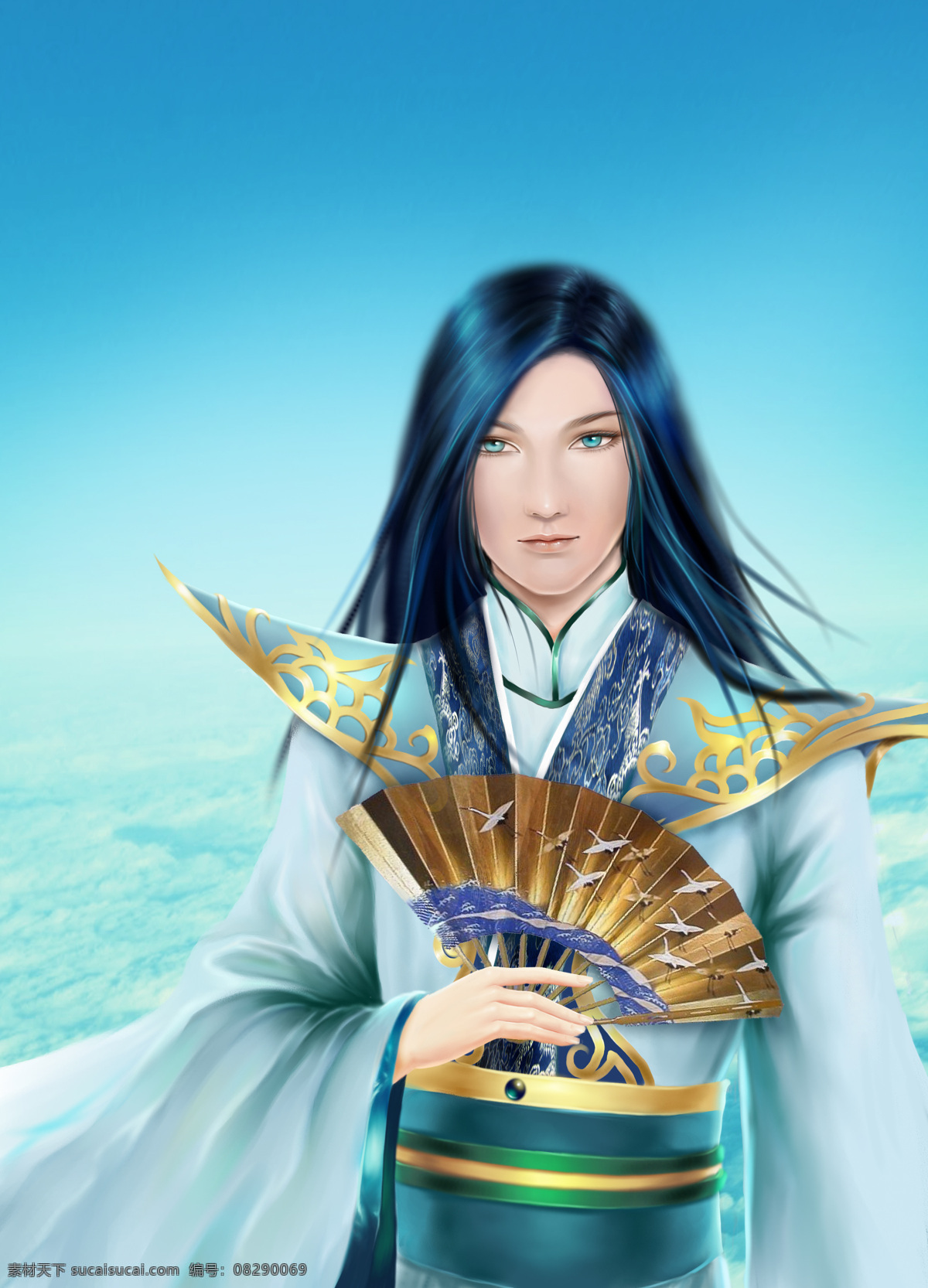 古装美男 古装 插画 美男 扇子 绘画书法 文化艺术