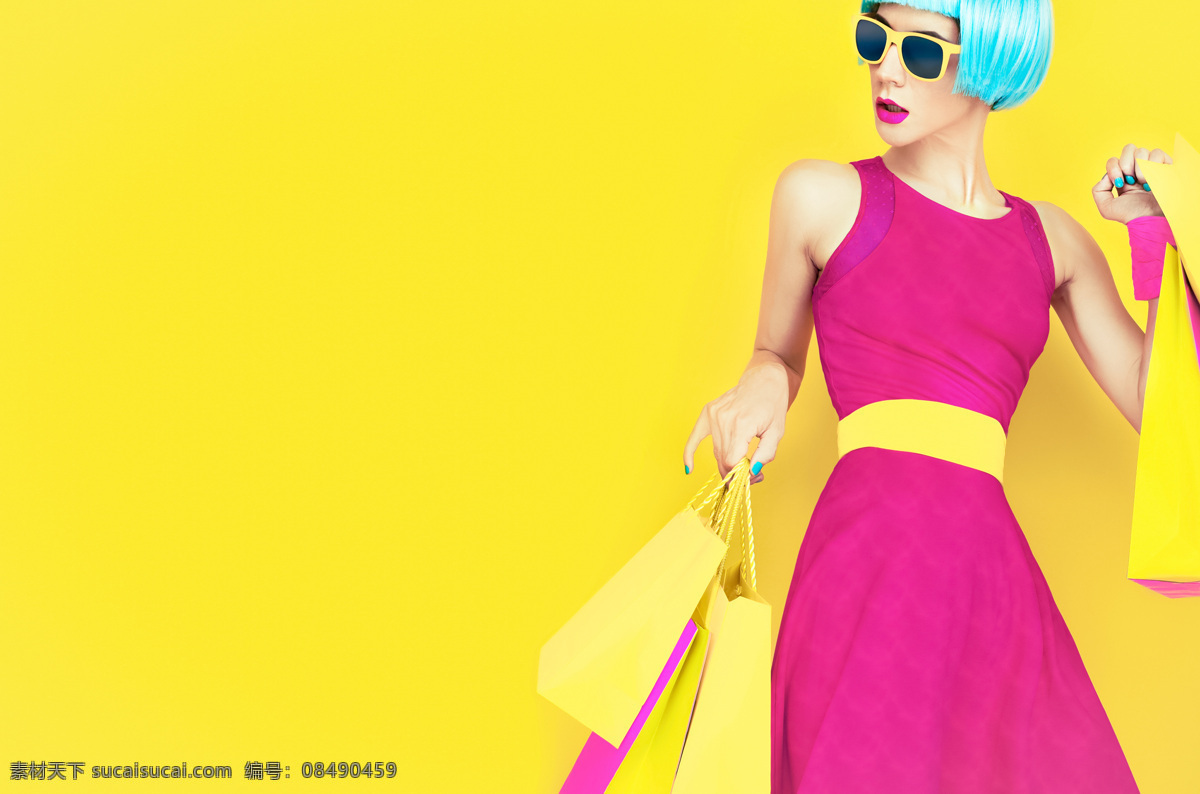 时尚购物美女 时尚 美女 购物 购物袋 颜色鲜艳 亮眼 黄色 人物图库 女性女人