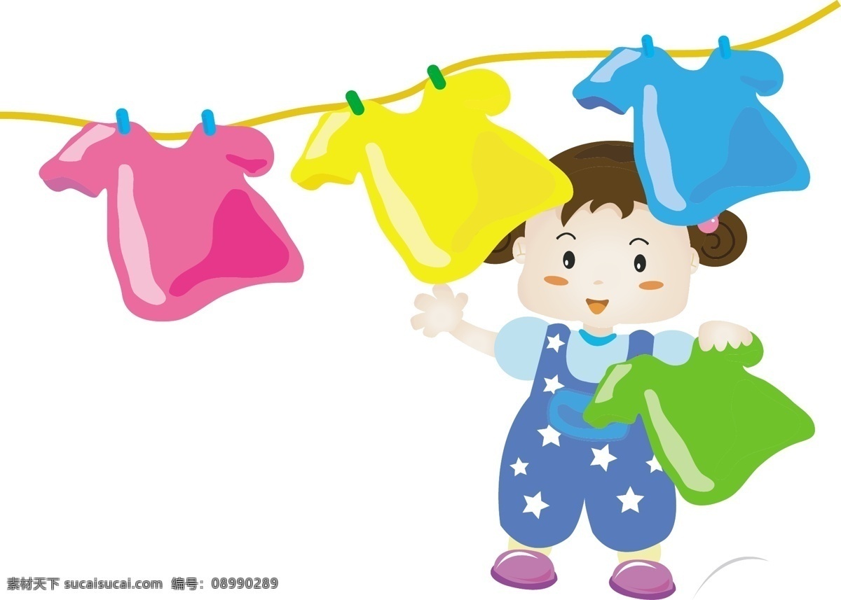 小孩子 晾 衣服 儿童 矢量图 矢量人物
