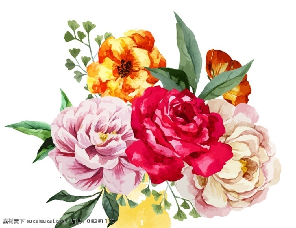 艳丽 水彩 花束 矢量 花卉 花朵 叶子 绿叶 彩绘 植物 插画 背景 海报 画册 矢量植物 生物世界 花草
