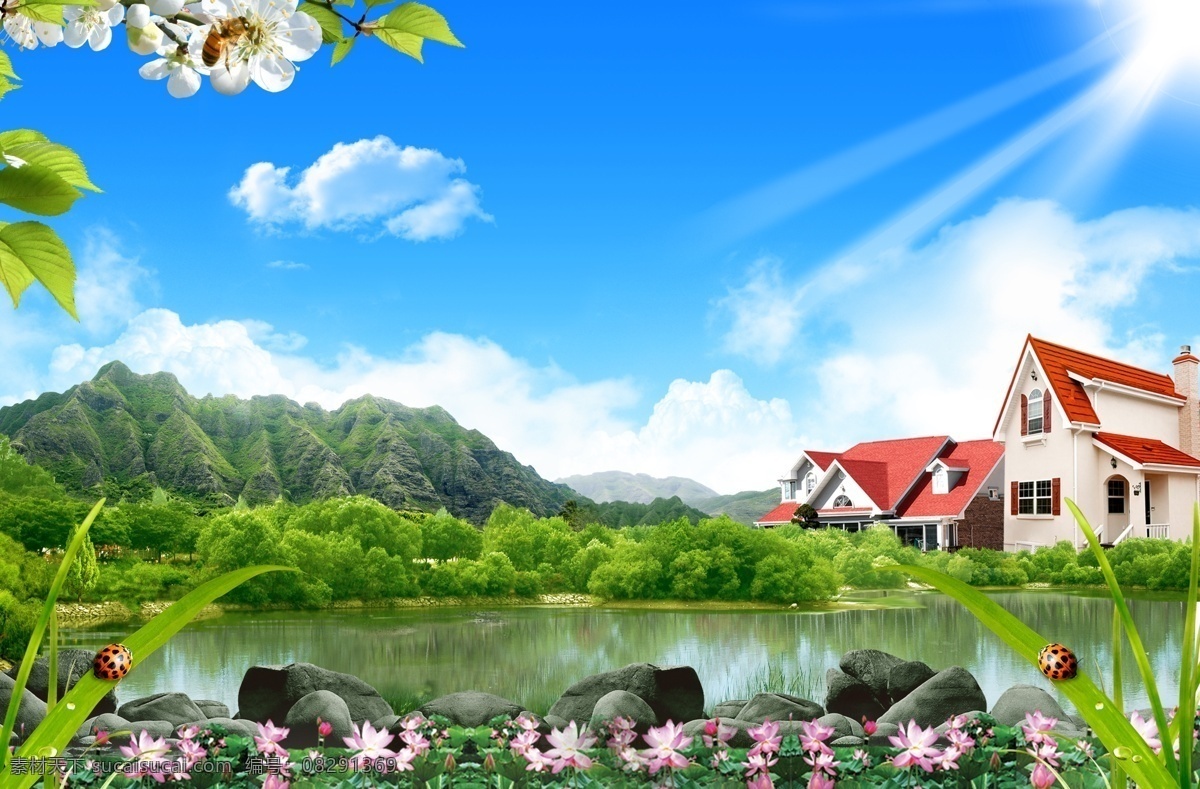 蓝天白云风景 自然风景 家园风景 田园 风景 草地风景 景色 自然 草 绿草 绿叶 树叶 草树丛 花 荷花 石头 房子 别墅 房地产 桥 河水 小河 清澈 山 海报 环保 清新 广告 珊栏 护栏 分层 源文件 蓝天白云草地