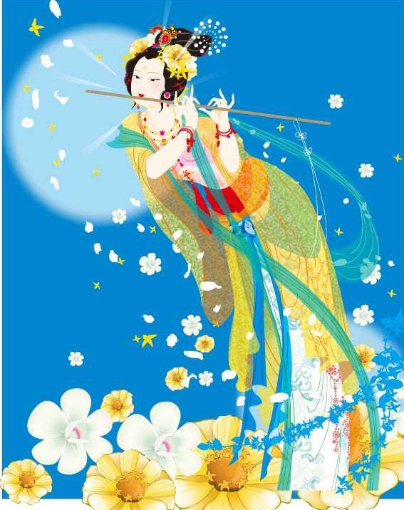 仙女吹笛 仙女 仙子 神仙 古装女子 笛子 吹奏 天女散花 flash 源文件 swf