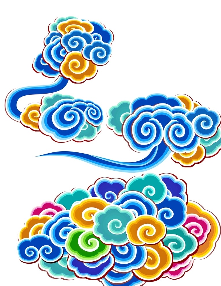 复古祥云 祥云 中国风 彩色图案 中国素材 云朵 如意 复古矢量图 超清大图 装饰图片 分层