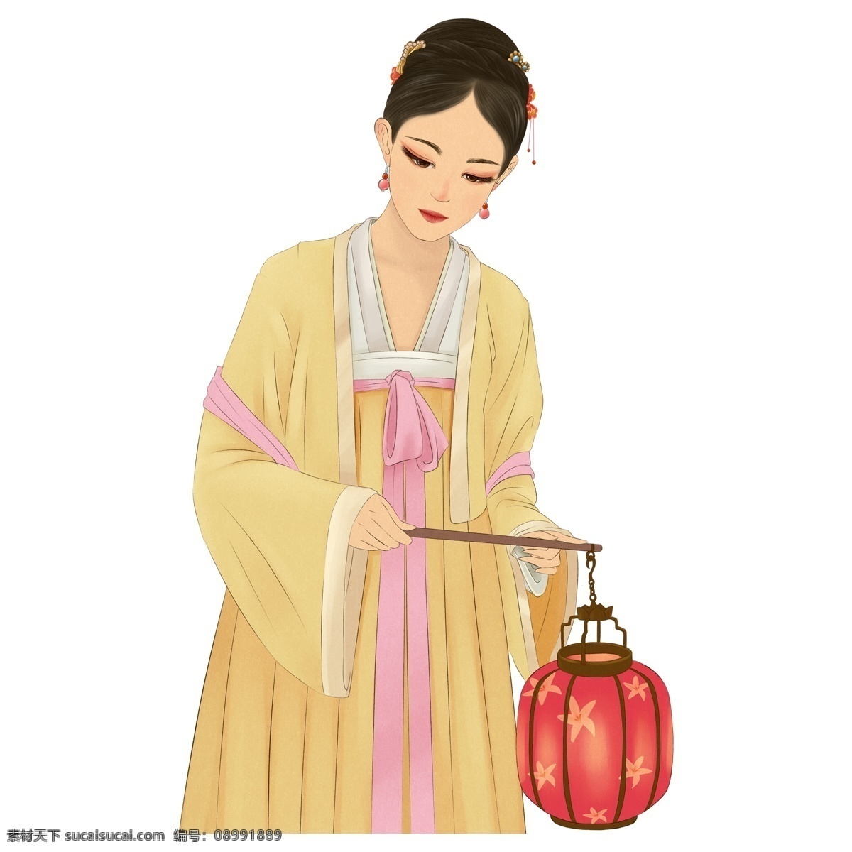 古风 少女 人物 插画 古典 卡通 红色 古风元素 人物素材 古代 汉服 灯笼