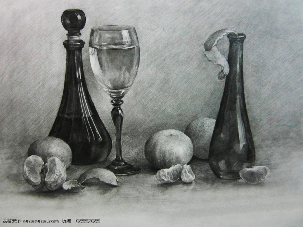 素描 素描静物 静物素描 素描作品 瓶子 玻璃杯 水果 艺术绘画 文化艺术 绘画书法