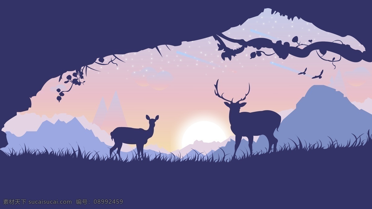 创意 流体 渐变 丛林 遇 鹿 插画 紫色 星空 流星 麋鹿 夕阳