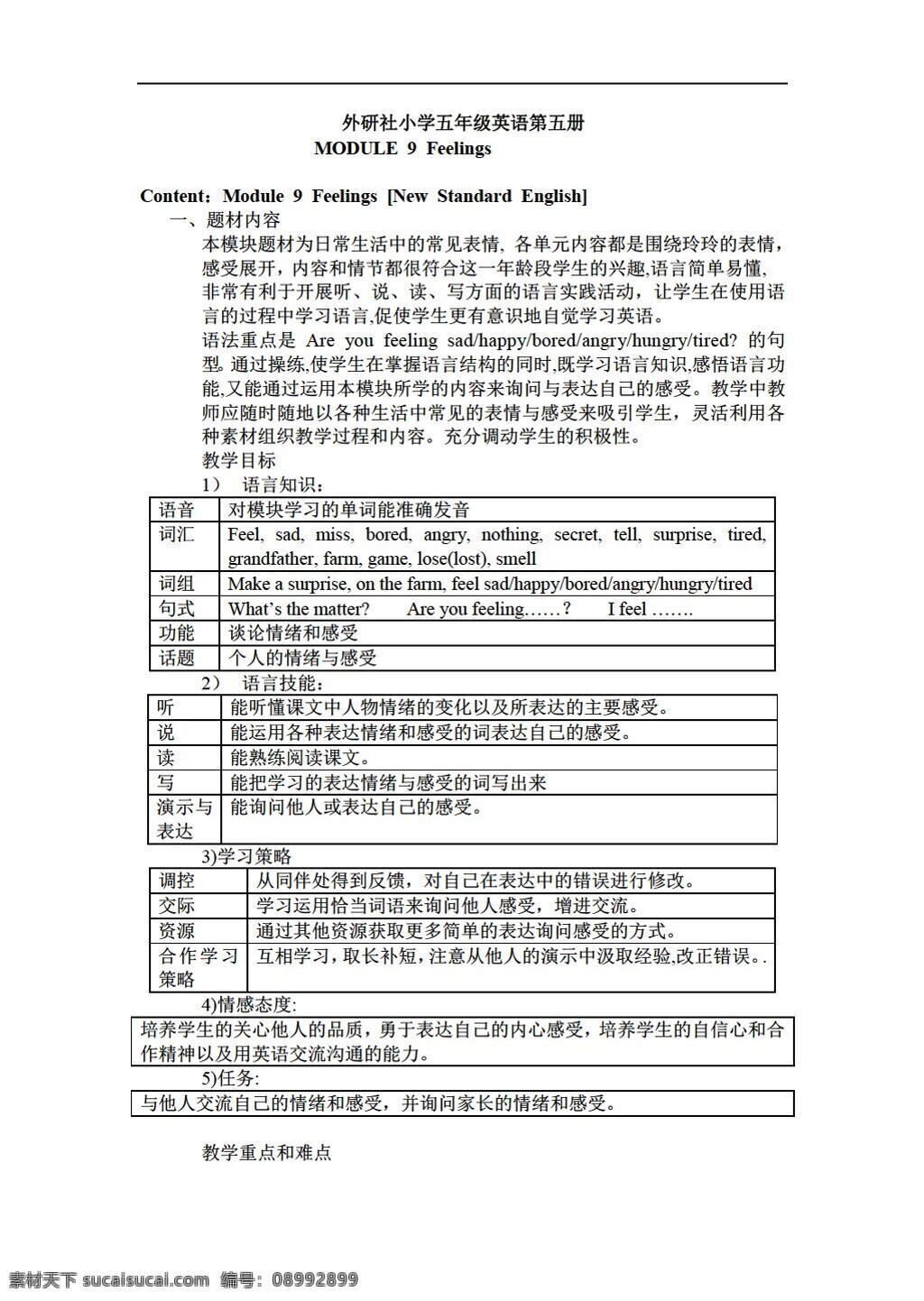 五 年级 上 英语 学期 module feelings 教案 外研版 五年级上