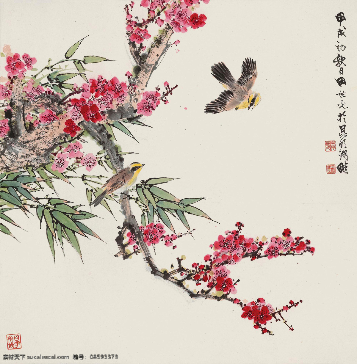 艺 娃 写意 花鸟 绢画 艺娃 国画 竹子 鸟 梅花 文化艺术 绘画书法