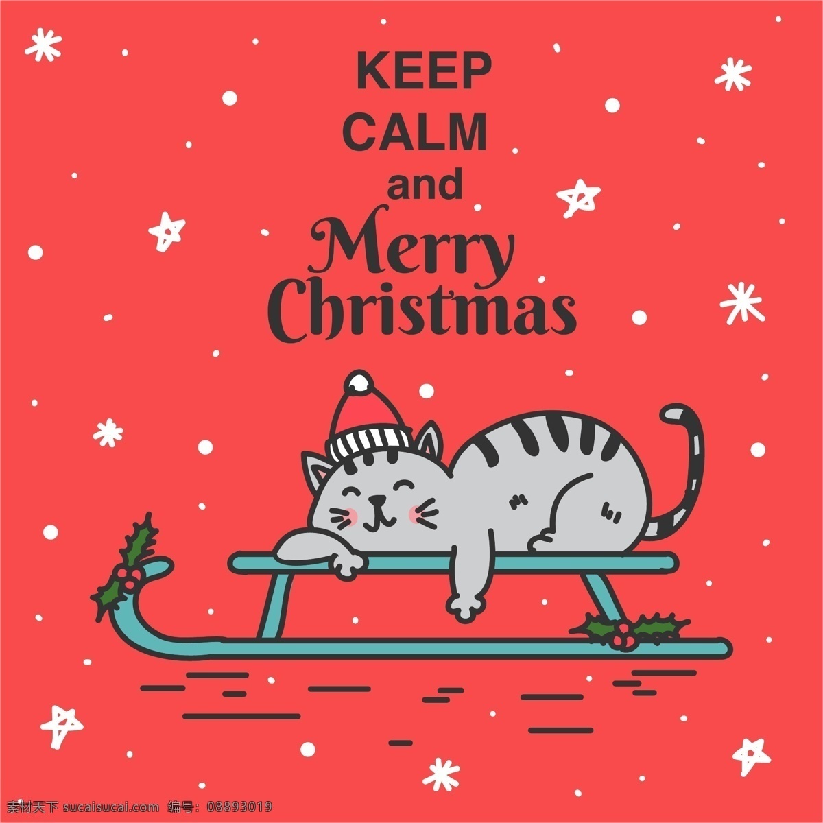 手绘 可爱 猫咪 插画 动物 卡通动物 圣诞节 矢量动物 矢量素材 手绘插画 手绘动物 手绘猫咪 雪花
