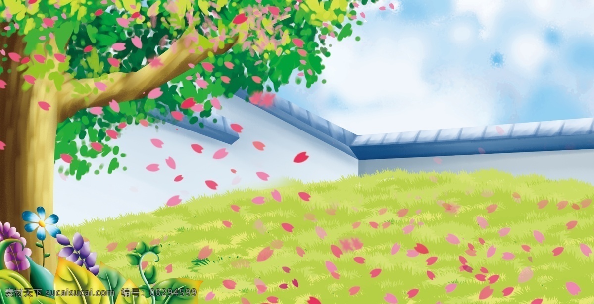 春季 清新 古代 花园 花瓣 飘落 背景 大树 背景素材 卡通背景 手绘 广告背景 psd背景 手绘背景