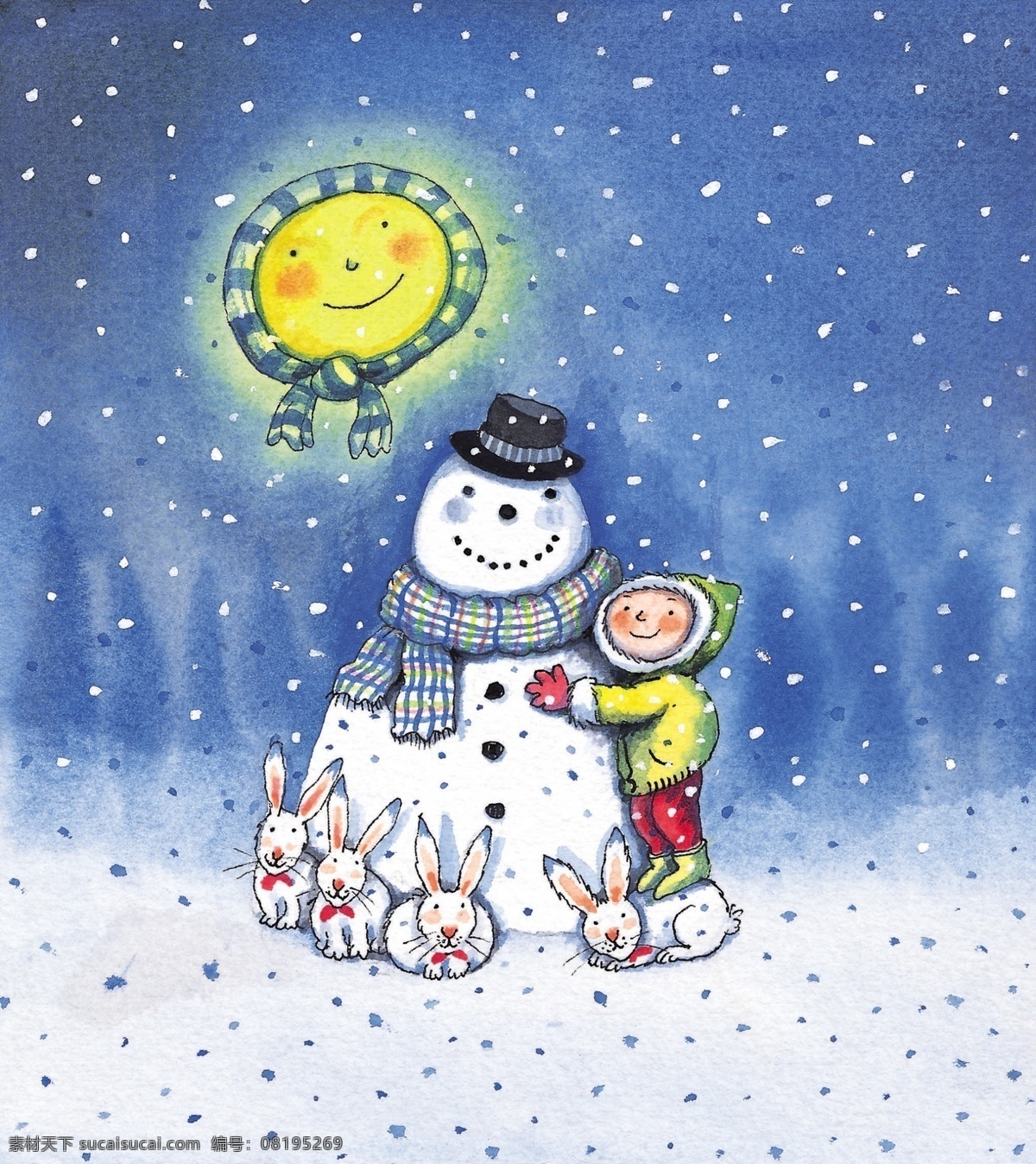 插画 冬天 绘画书法 几米 漫画 兔子 文化艺术 雪景 设计素材 模板下载 几米插画 雪人 拥抱 月亮 插画集