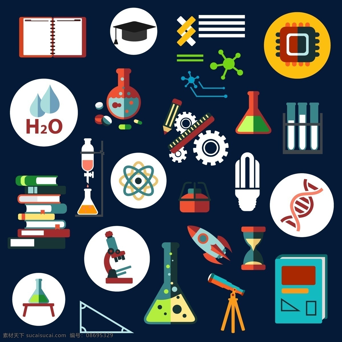 学习用品 图标 矢量 书本 博士帽 分子 原子 化学 科学符号 高清图片
