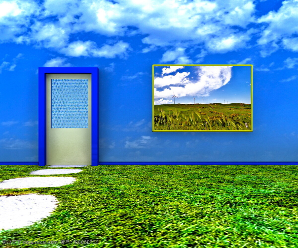 草地 上 门 显示器 蓝天 白云 草坪 建筑设计 环境家居