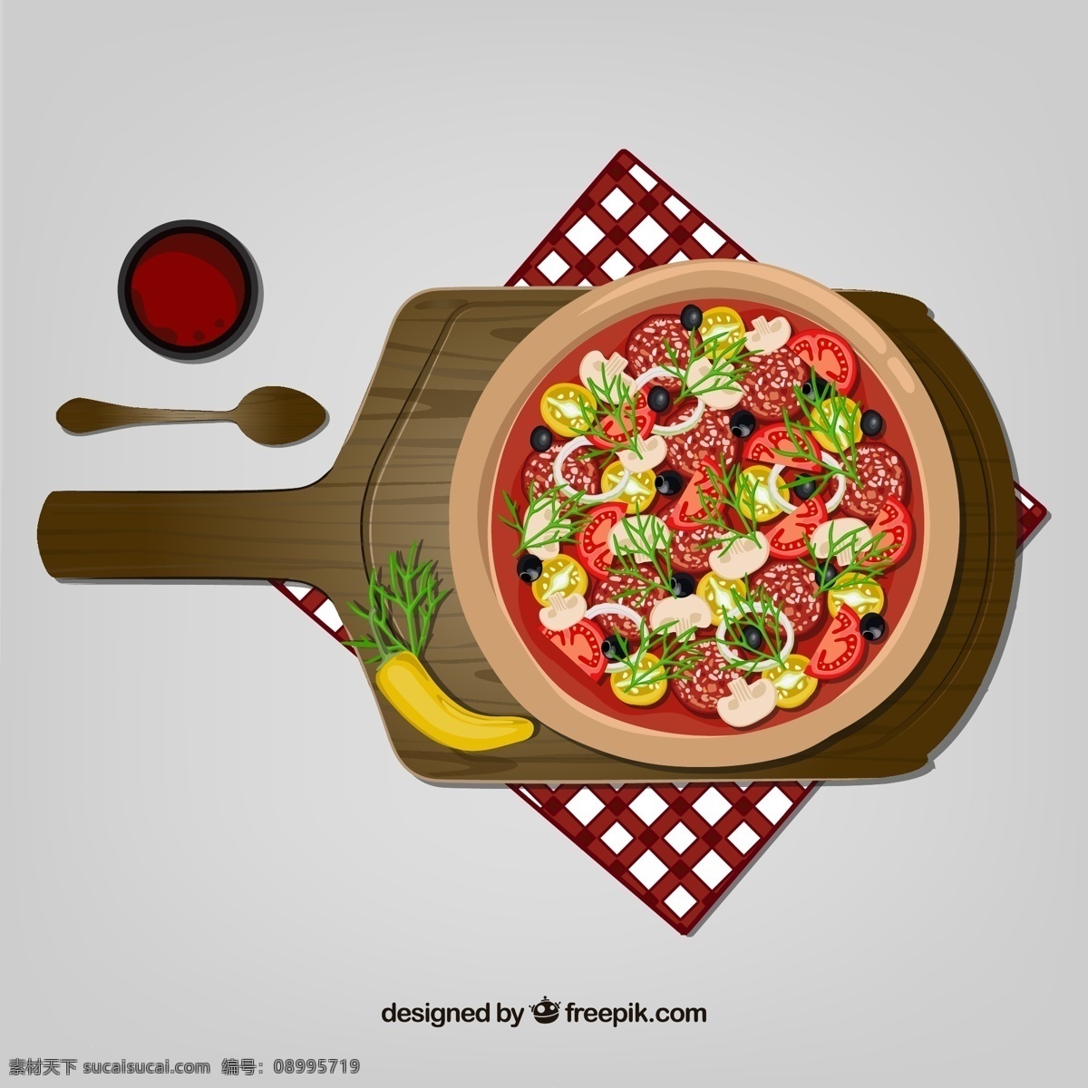美味 披萨 俯视图 矢量 披萨酱 快餐食品 勺子 辣椒 蘑菇 培根 迷迭香 矢量图 灰色
