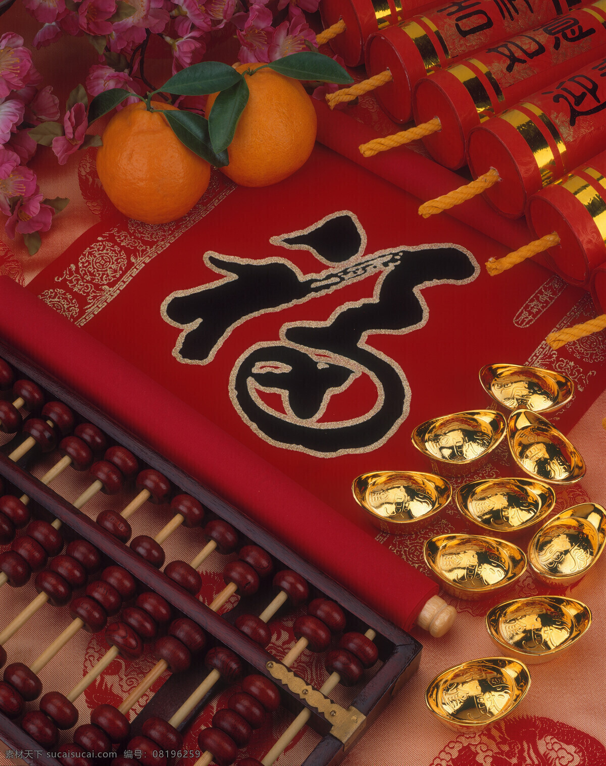 新年 喜庆 红色 桔子 金元宝 炮竹 红包 吉祥 桃花 福 算盘 中国风 年原素 新年气息 节日庆祝 文化艺术