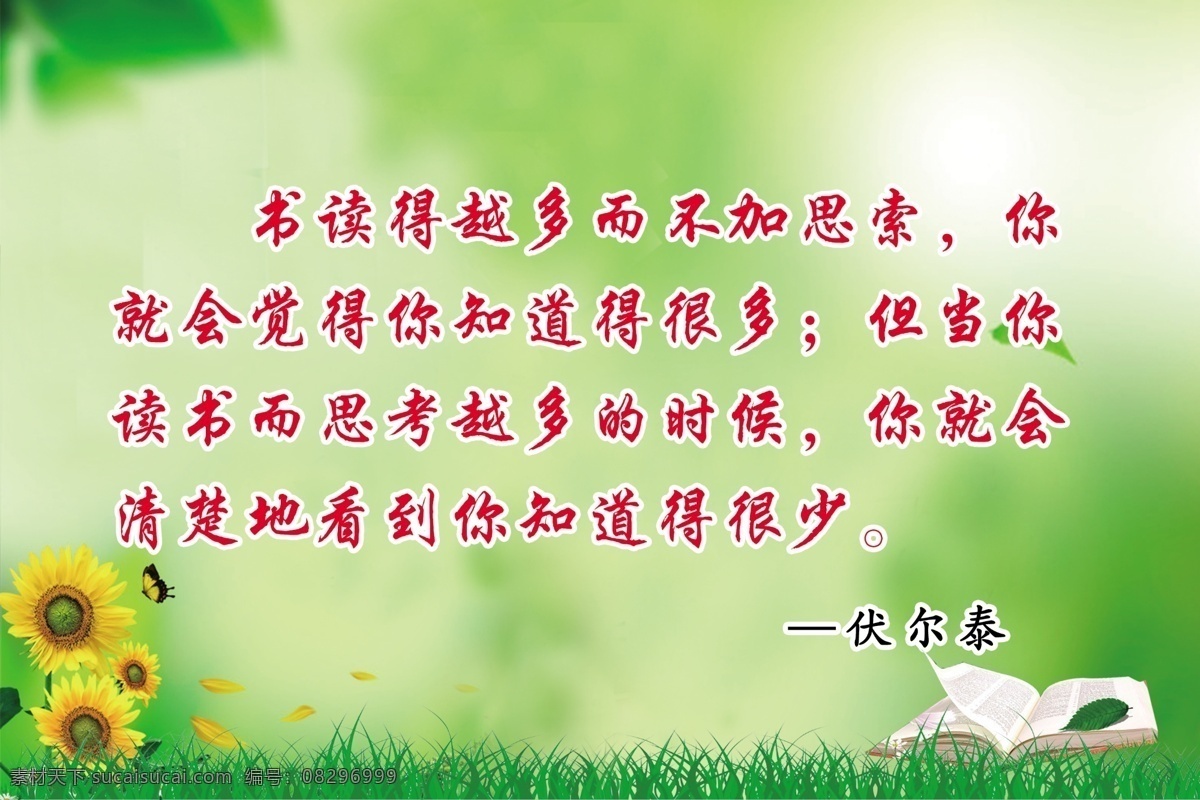 学校名言展板 学校 教育 名言 伏尔泰 绿色 书本 向日葵 展板模板